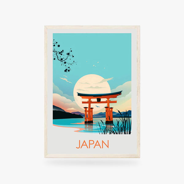 Cette affiche est un tableau japonais paysage avec une porte torrii et un couché de soleil