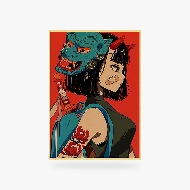 Ce tableau manga japonais est en papier canva. Une femme japonaise est dessiné et porte un masque oni, et un katana dans le dos
