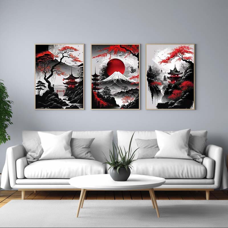 CE tableau japonais paysage zen est un tryptique accroché sur le mur d'un salon au-dessu d'un canapé blanc