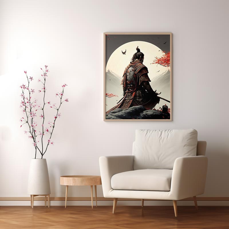 Ce tableau japonnais ninja est dans un cadre sur un mur avec un fauteuil dans un salon