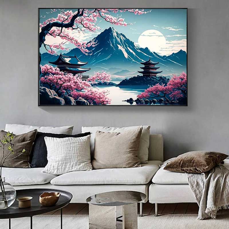 Cet objet deco murale est un tableau paysage japon mont fuji accroché dans un salon avec un canapé et un table basse