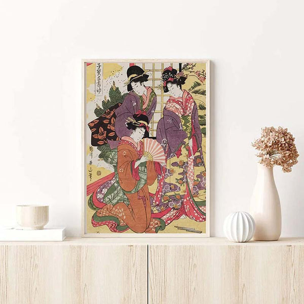 Ce tableau traditionnel japonaise geisha est disposé dans un cadre en bois naturel