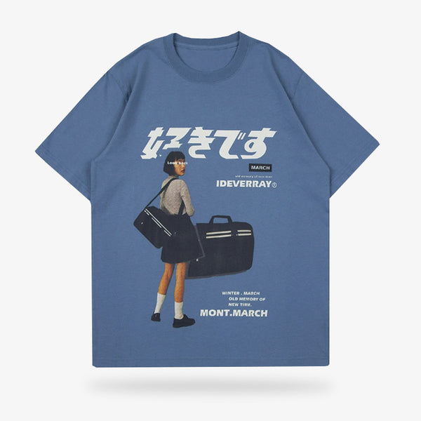 Ce Tee-shirt-Japonais-vintage est imprimés d'une étudiante japonaise vêtue d'une jupe. Un kanji japonais est 