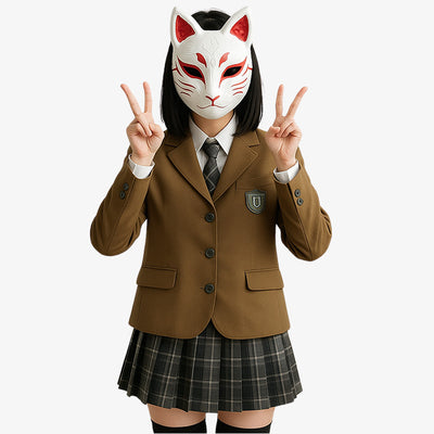 Une femme porte un uniforme cosplay d etudiante japonaise avec une jupe plissée à carreau et un masque Kitsune sur le visage