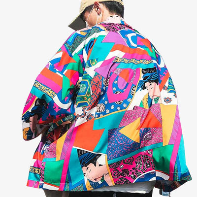 Cette Veste Montsuri Haori est très colorée dans une style de geisha moderne et tendance Kawaii