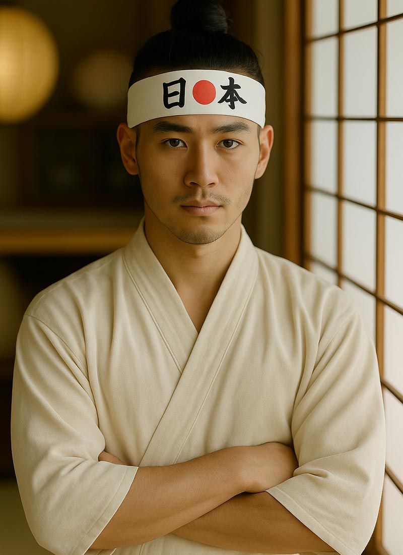 Homme portant un bandeau hachimaki blanc avec kanji japonais et vêtements traditionnels dans une pièce japonaise chaleureuse.