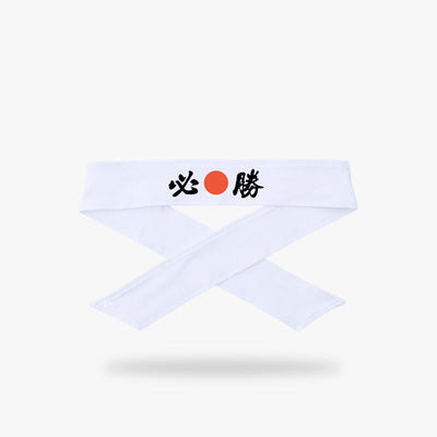 Bandeau hachimaki hissho avec kanji noir sur disque rouge, orné de symboles puissants et de motifs affirmés