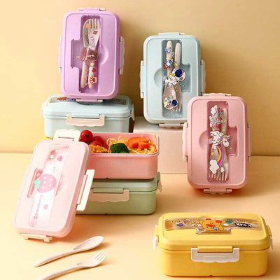 une collection de bento pour enfant dans un style mignon kawaii avec des ustensiles