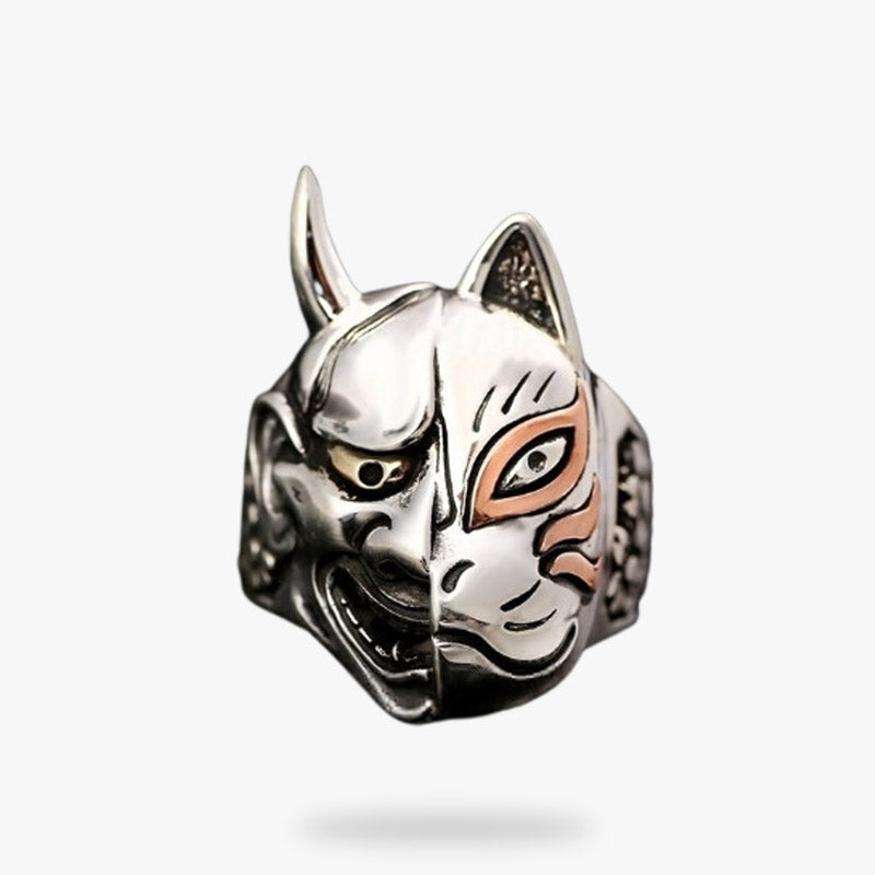 Bague oni kitsune en argent avec motif démon et renard japonais