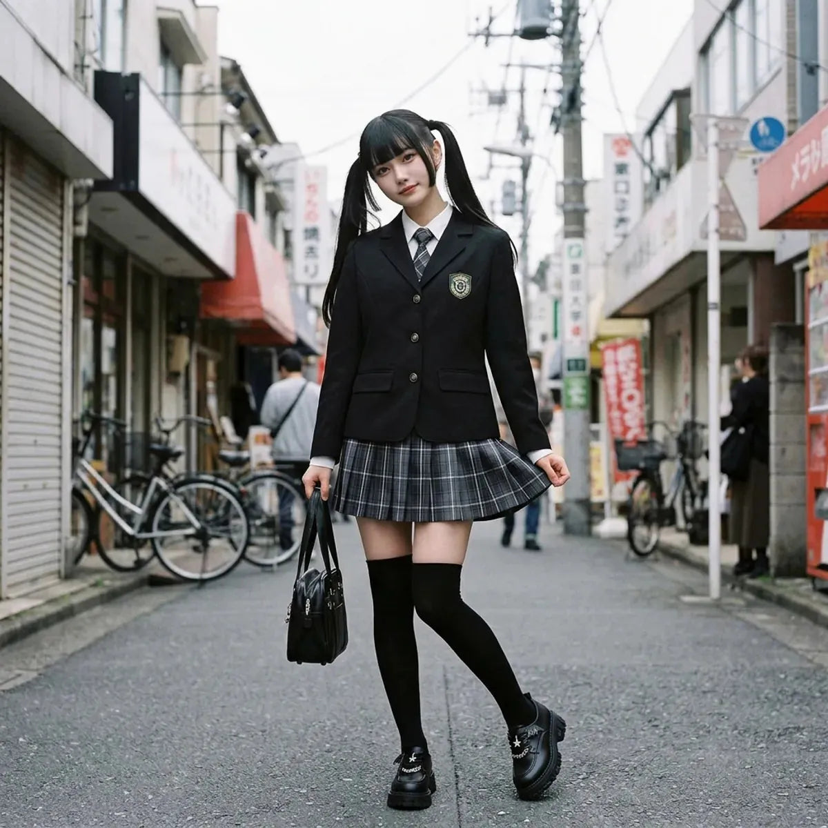 Fille en uniforme scolaire japonais dans une ruelle de Harajuku, blazer noir avec écusson et jupe plissée à carreaux