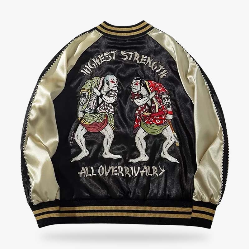 Blouson bomber japonais avec broderie de lutteurs de sumo dans le dos