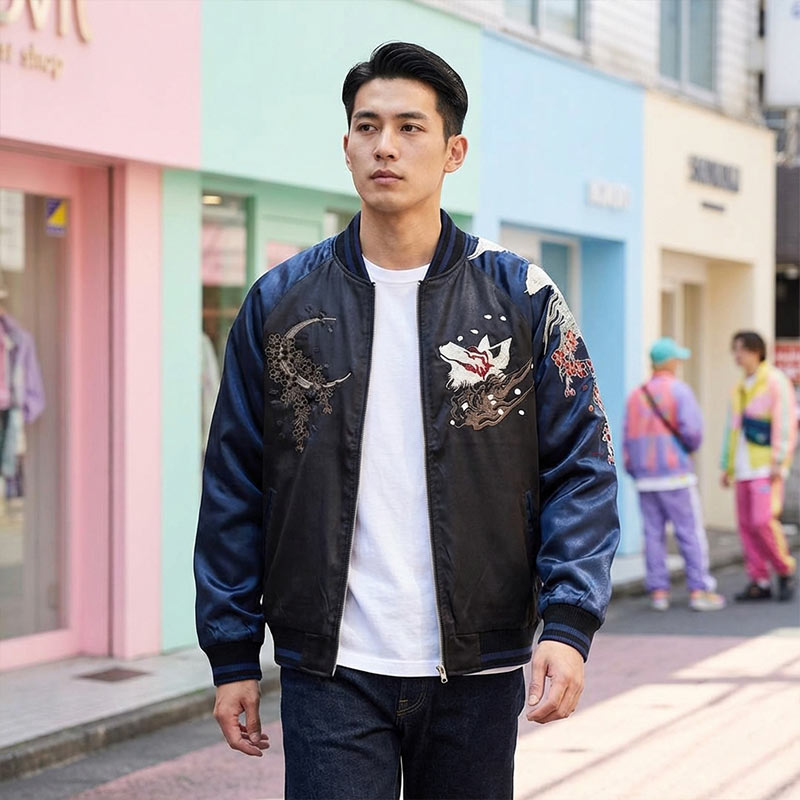 Blouson japonais brodé porté dans la rue