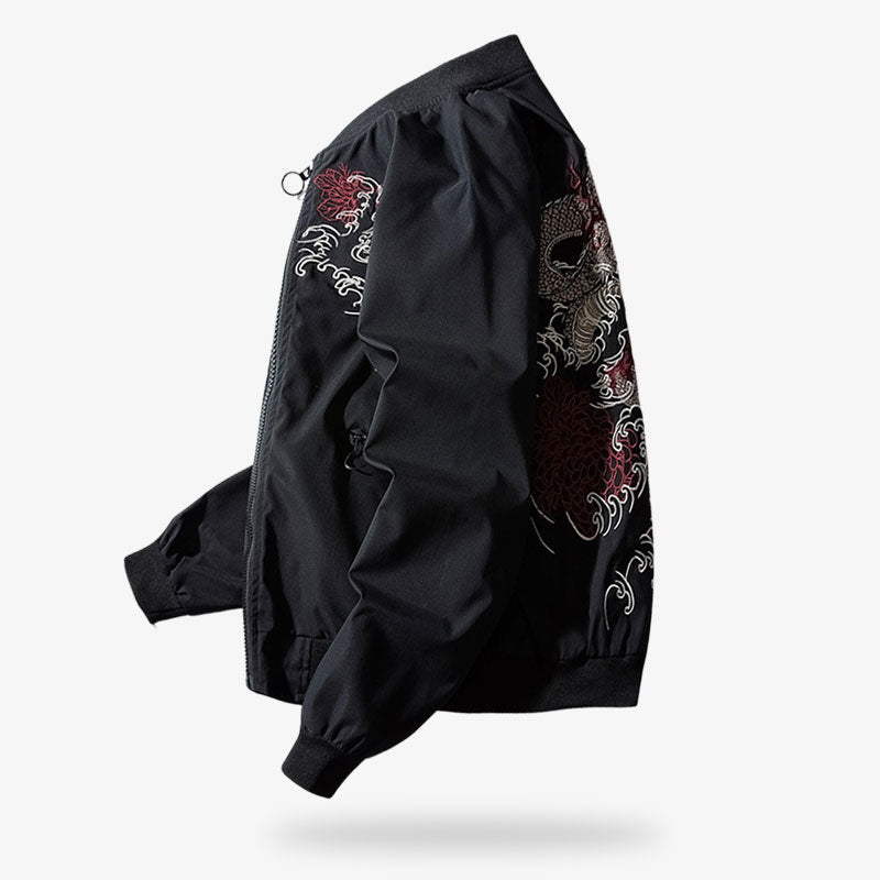 Blouson japonais noir pour homme brodé d'un motif de dragon