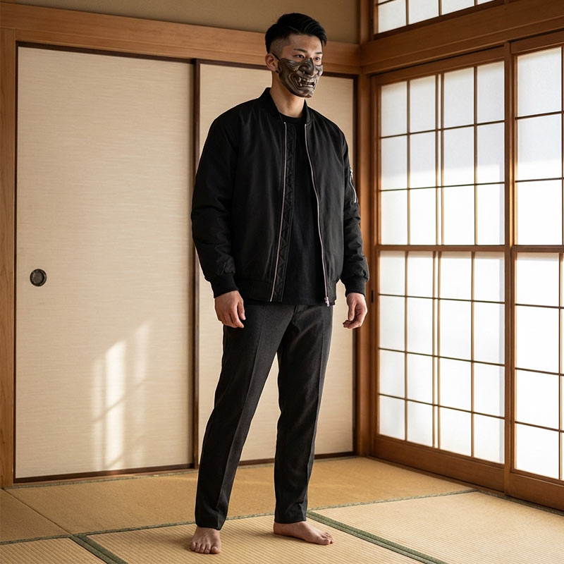 Homme vêtu d'une veste souvenir noire et d'un pantalon assorti, debout dans une pièce au parquet japonais avec des portes coulissantes