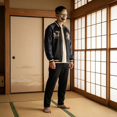 Blouson souvenir japonais noir et bleu porté dans une pièce traditionnelle en tatami