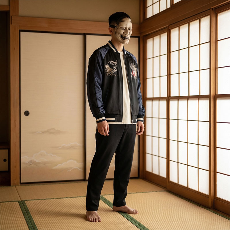 Blouson souvenir japonais noir et bleu porté dans une pièce traditionnelle en tatami
