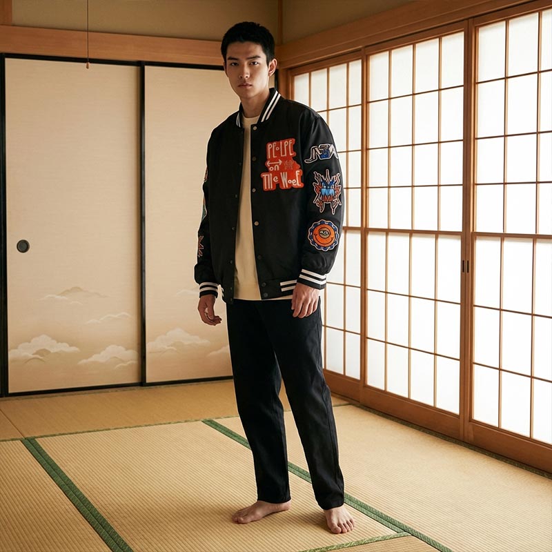 Homme portant un blouson sukajan japonais noir avec des patchs colorés dans une pièce traditionnelle japonaise