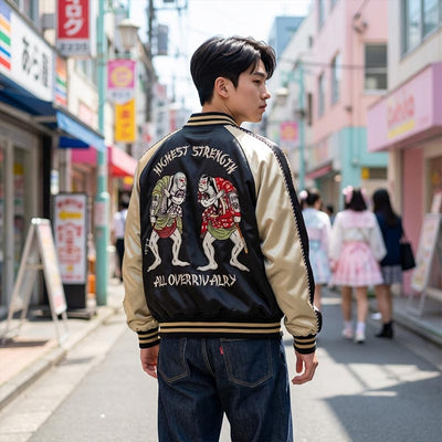 Blouson sukajan sumo vintage porté dans la rue