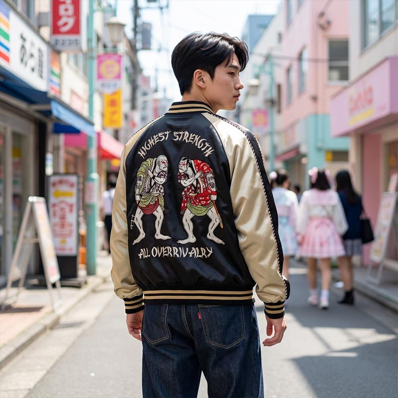 Blouson sukajan sumo vintage porté dans la rue