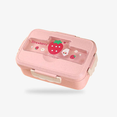 Une boite bento japonais en plastique avec un motif kawaii de fraise sur le couvercle de l'ustensile en plastique