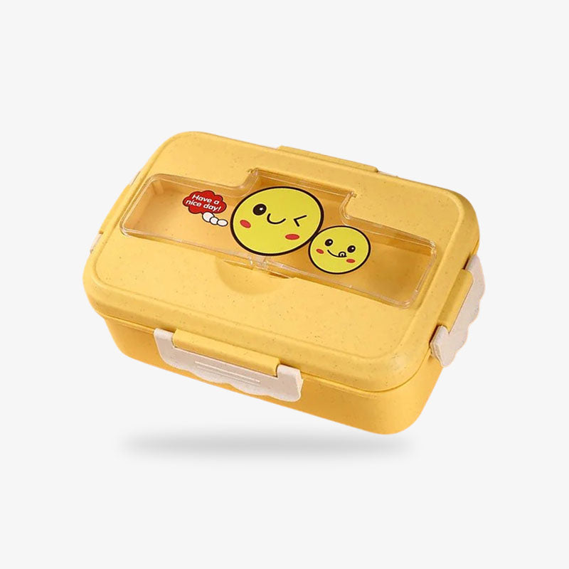Une boite bento kawaii avec un motif de smiley sur le top du couvercle