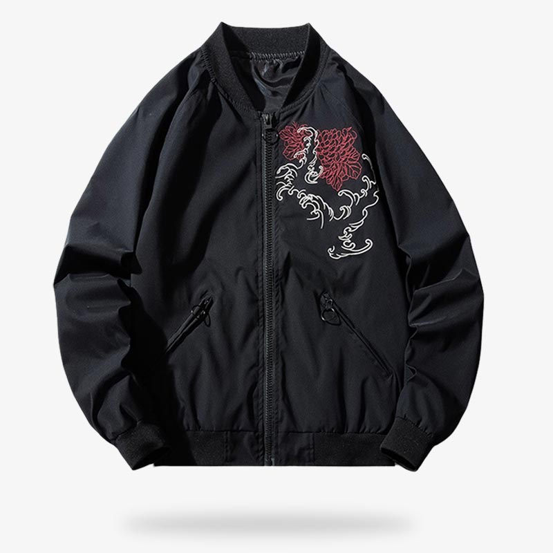Veste bomber japonaise noire brodée d'un dragon au dos et de fleurs de lycoris à l'avant