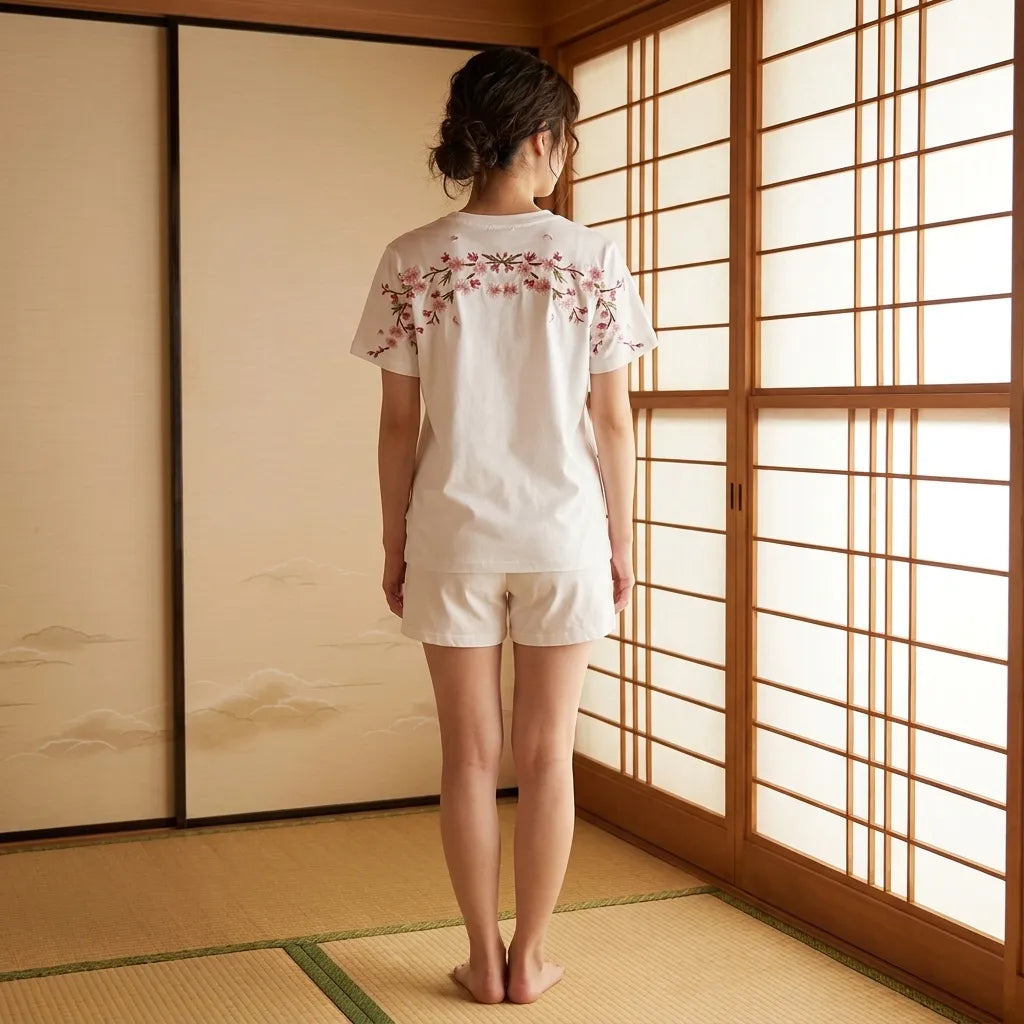 Détail de la broderie fleurs de cerisier sur chemise japonaise