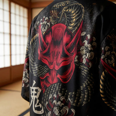 Gros plan sur la broderie dorsale d'un haori yokai