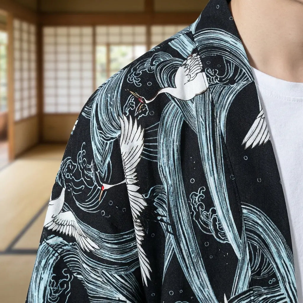 Broderie kimono japonais en gros plan sur le dos de la veste