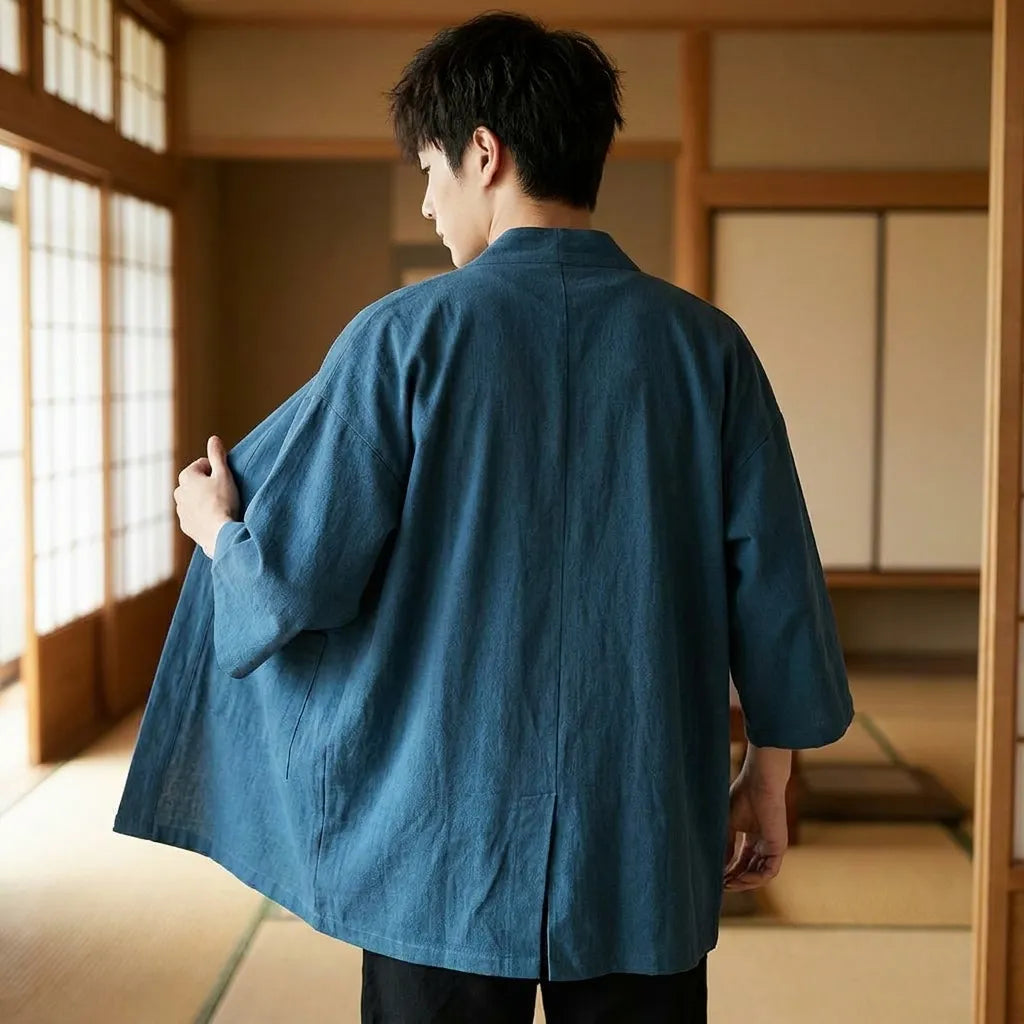 Cardigan Japonais Homme vue de face porté avec un jean