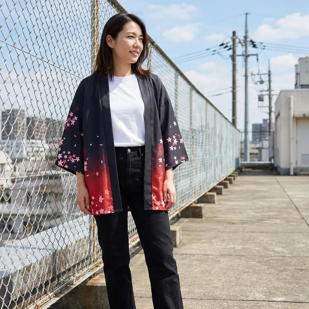 Cardigan kimono femme motif sakura