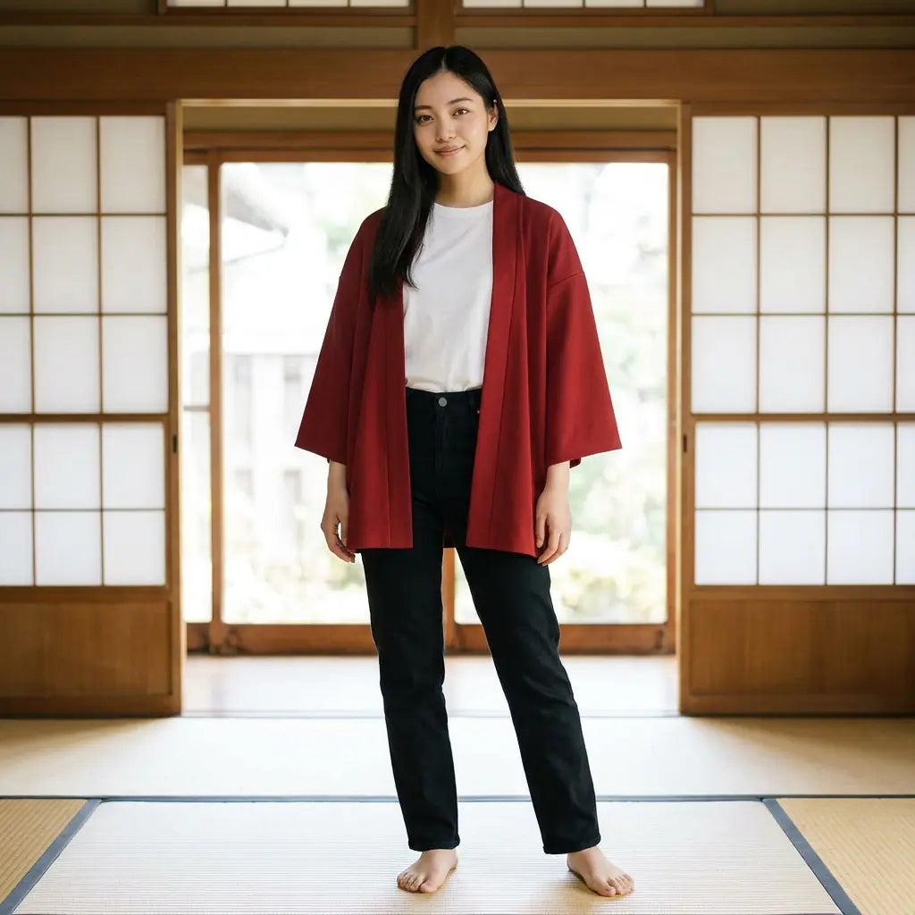 Un cardigan kimono rouge porté avec des sandales dans une pièce aux shoji