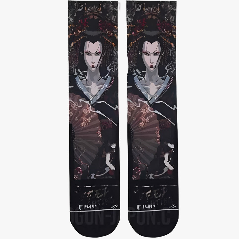 Chaussettes tabi japonaises motif geisha à l'éventail