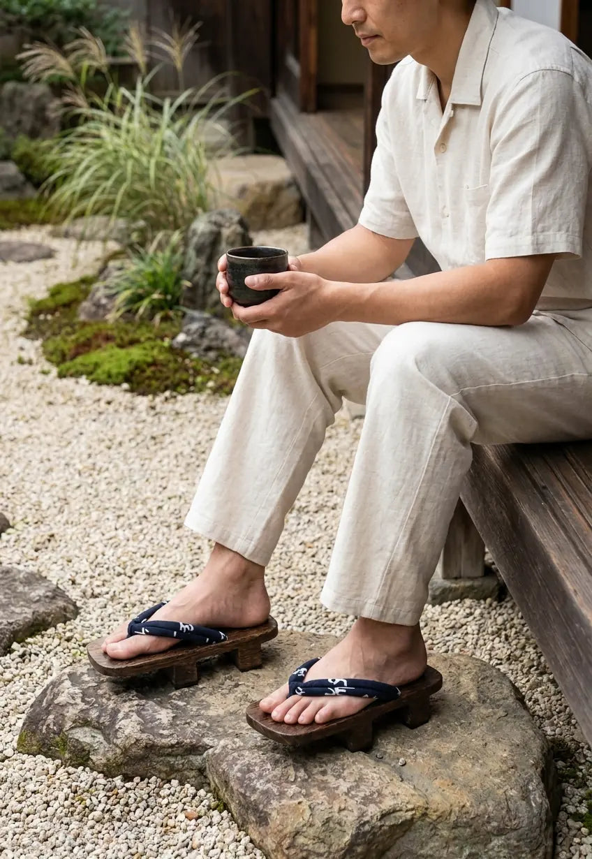 Geta motif kanji portées avec des chaussettes tabi blanches