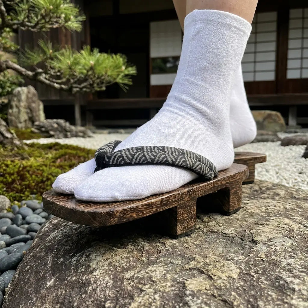 Geta portées de trois quarts sur une pierre dans un jardin japonais