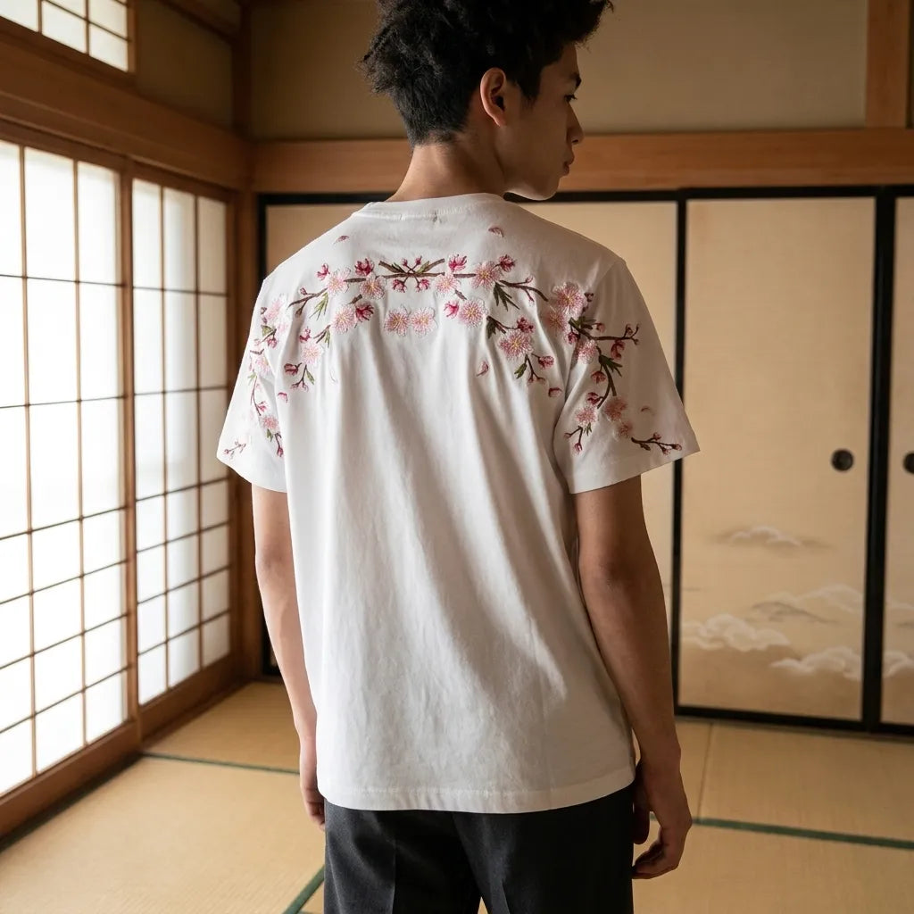 Chemise blanche brodée motif japonais vue de dos