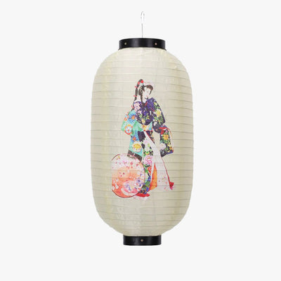 Grand chochin japonais au motif geisha suspendu, idéal pour illuminer un large espace