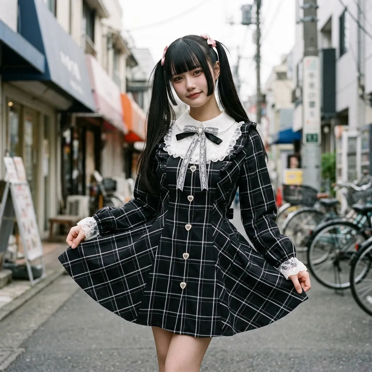 Robe fairy sweet japonaise portée dans une ruelle de Harajuku, avec col marin blanc sur un imprimé carreaux noir