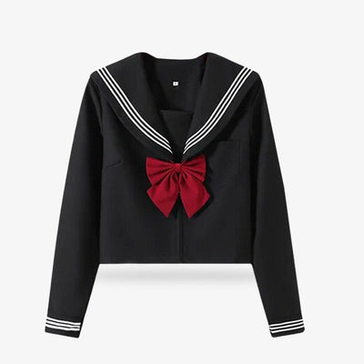 Un uniforme sailor noir d'écolière japonaise pour cosplay avec un ruban rouge et des rayures blanches