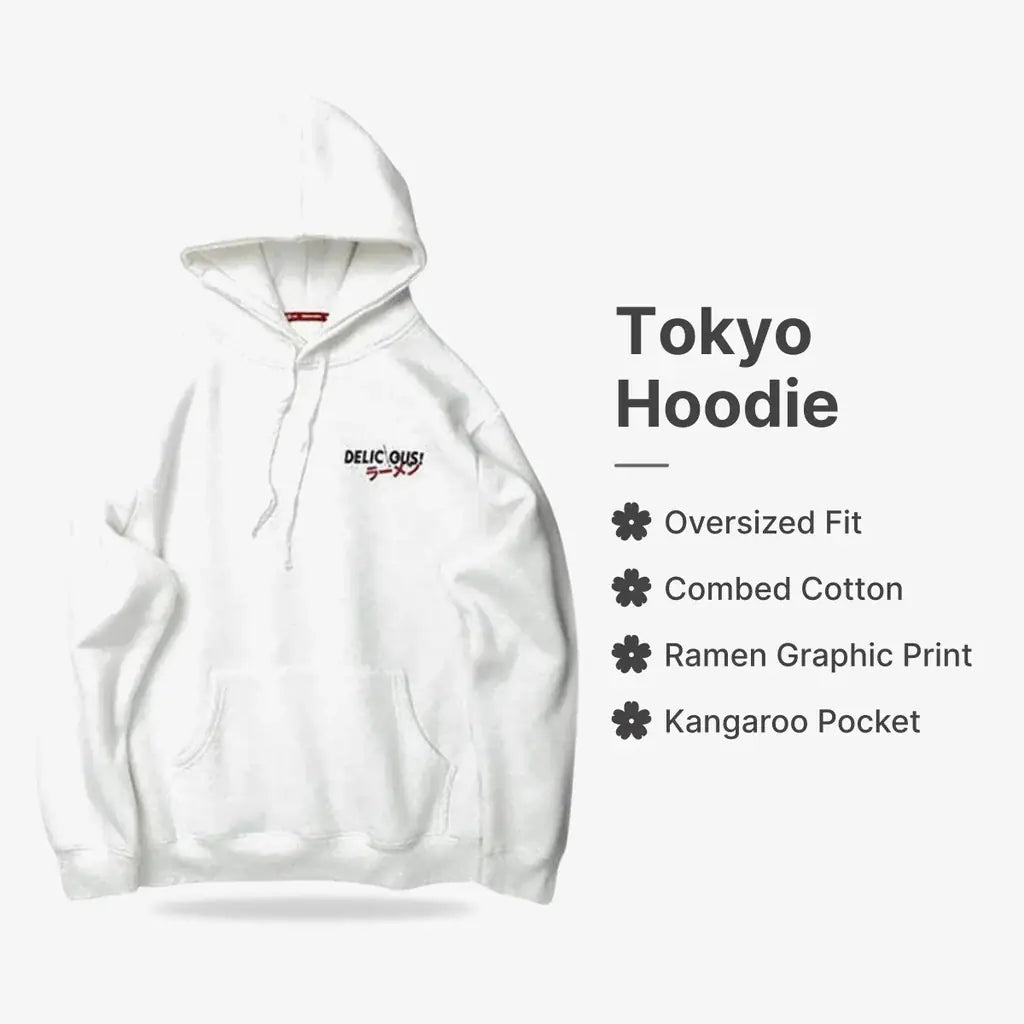 Sweat Tokyo : coupe oversize, coton peigné, imprimé graphique ramen, poche kangourou.