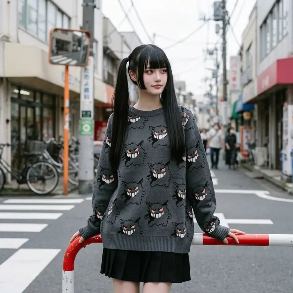 Pull ras du cou oversize gris anthracite avec épaules raglan tombantes et col côtelé, orné d'un motif tricoté visage de fantôme.
