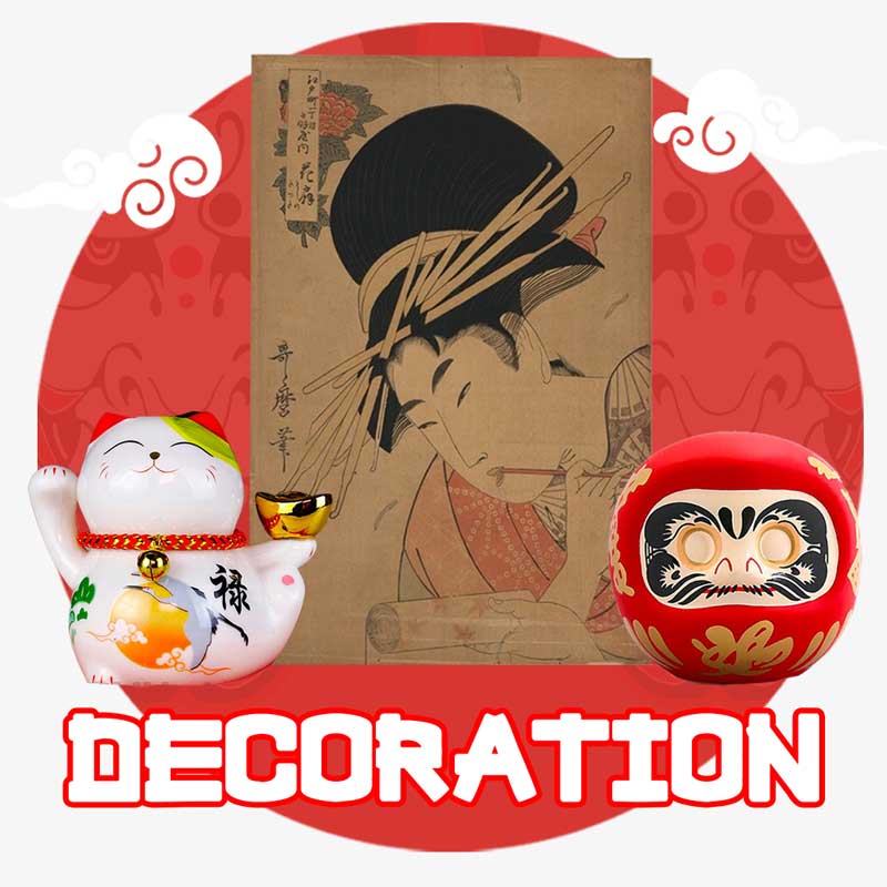 Decoration japonaise composée d'un chat maneki neko, une statuette Daruma et une estampe Ukiyo-e