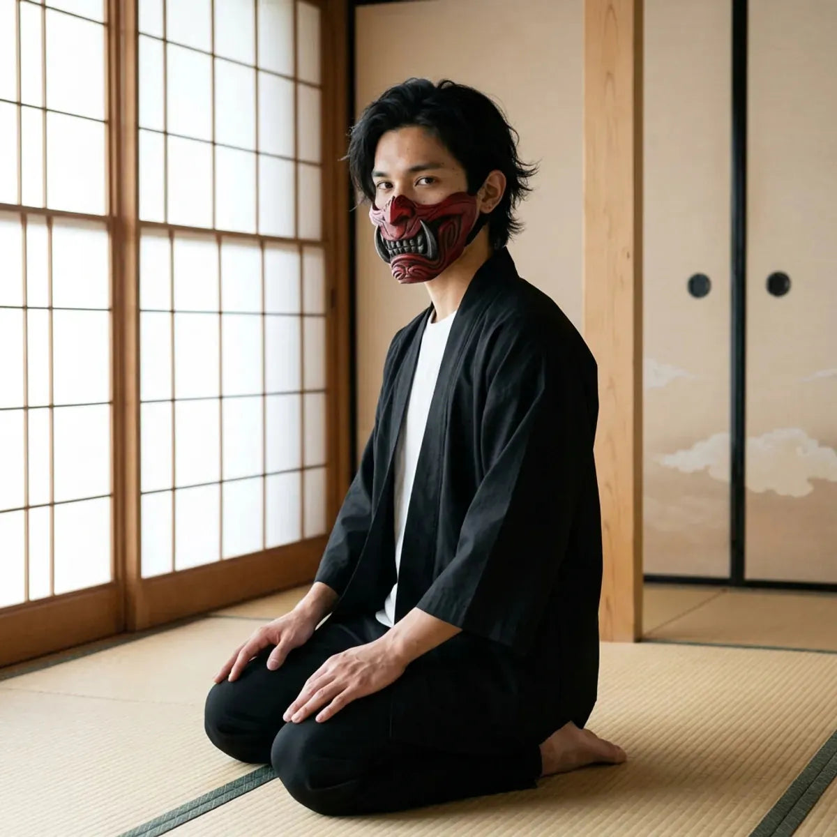Demi-masque démon rouge vu de profil, la joue sculptée et le croc apparents, porté agenouillé sur le tatami près du shoji