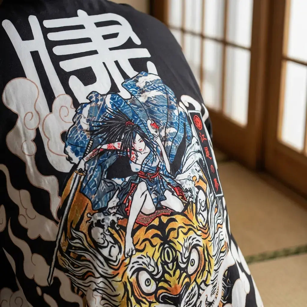 Gros plan sur le tissu et la manche du haori murasame