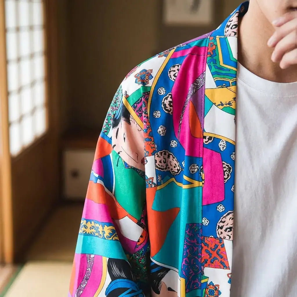 Gros plan sur le tissu et la manche du montsuki haori