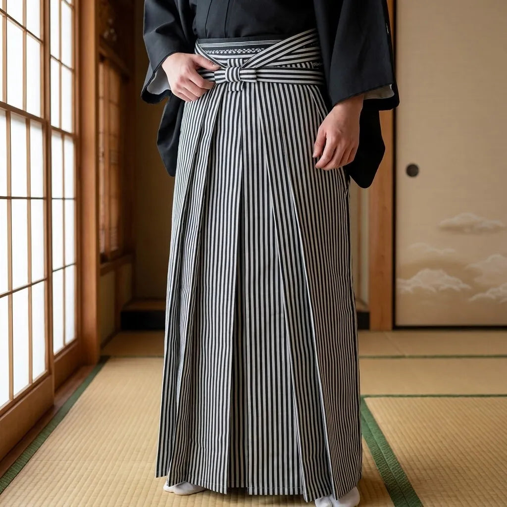 Détail des plis et rayures verticales du pantalon hakama