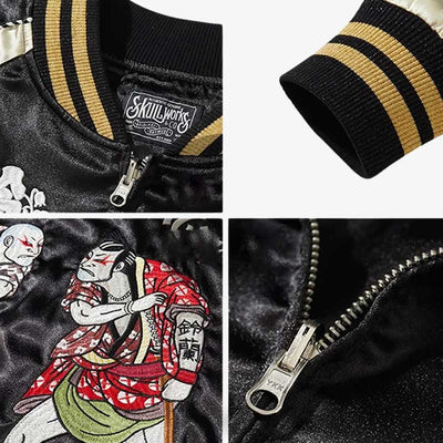 Détails du blouson sukajan avec zip et broderie satin
