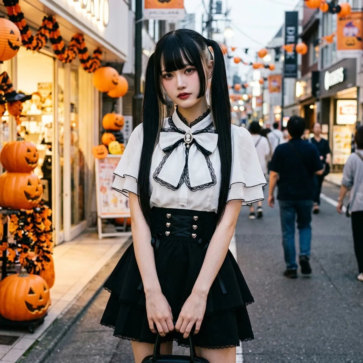 Ensemble jirai kei porte dans une rue de Tokyo pendant Halloween, avec des citrouilles sculptees et des lanternes orange en arriere-plan