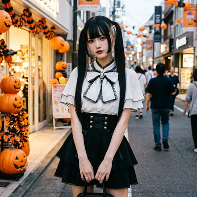 Ensemble jirai kei porte dans une rue de Tokyo pendant Halloween, avec des citrouilles sculptees et des lanternes orange en arriere-plan