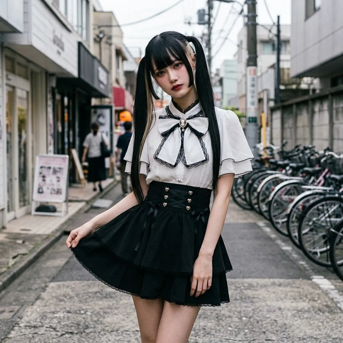 L'ensemble deux pieces kawaii japonais vu de face dans une ruelle de harajuku, blouse et jupe assorties